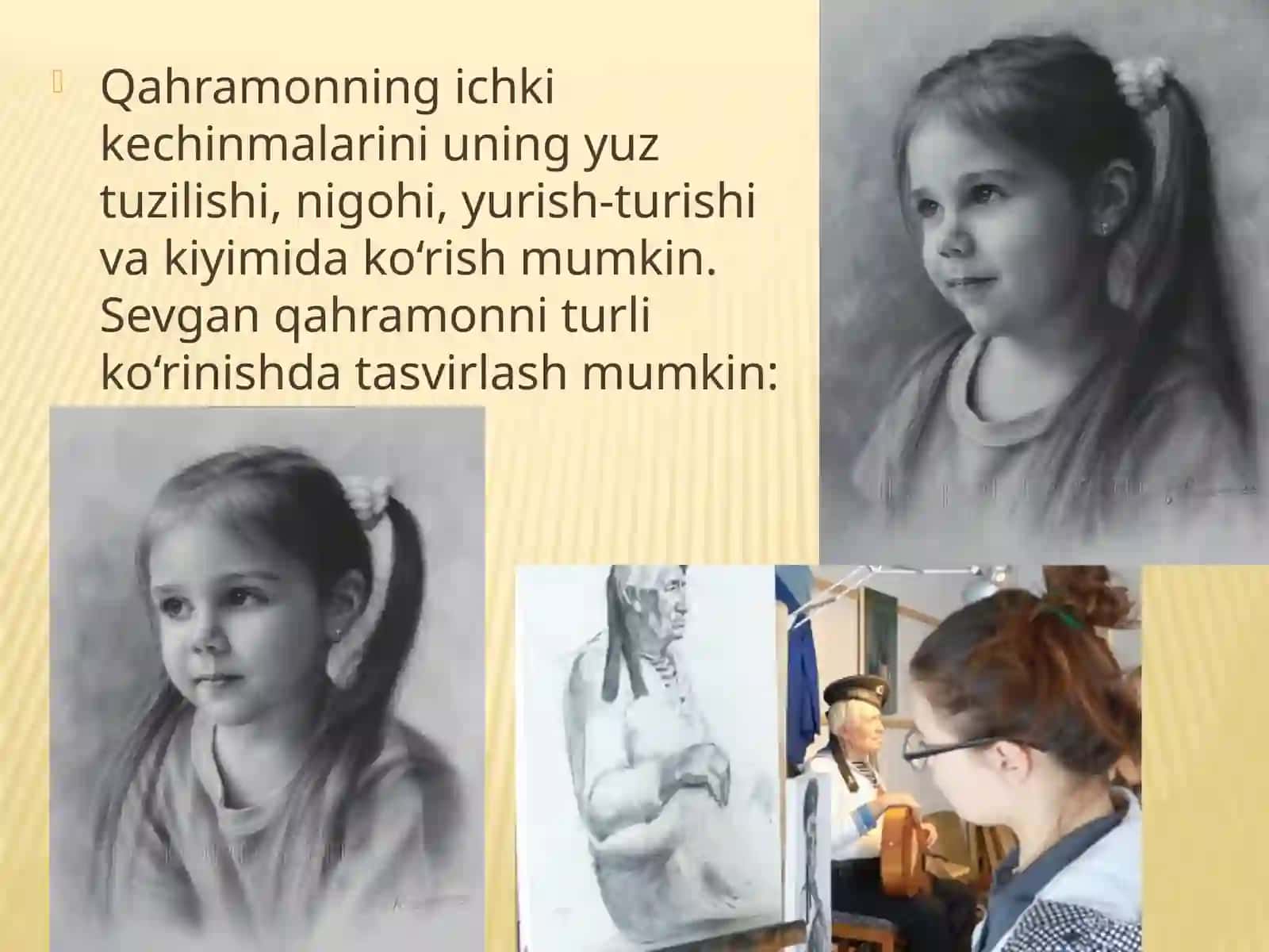 Tasviriy san'at fanidan Men sevgan qahramon mavzusida portret chizish taqdimoti 3
