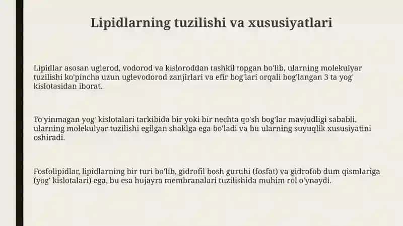 Lipidlarning tuzilishi funksiyasi va metabolitik jarayonlari 3