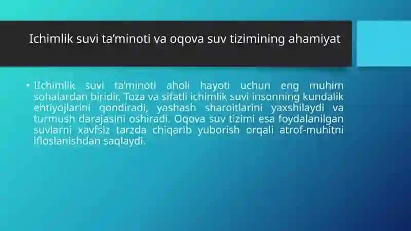 Ichimlik suvi ta’minoti va oqova suvlarni chiqarib yuborish sohasini tartibga solish 3