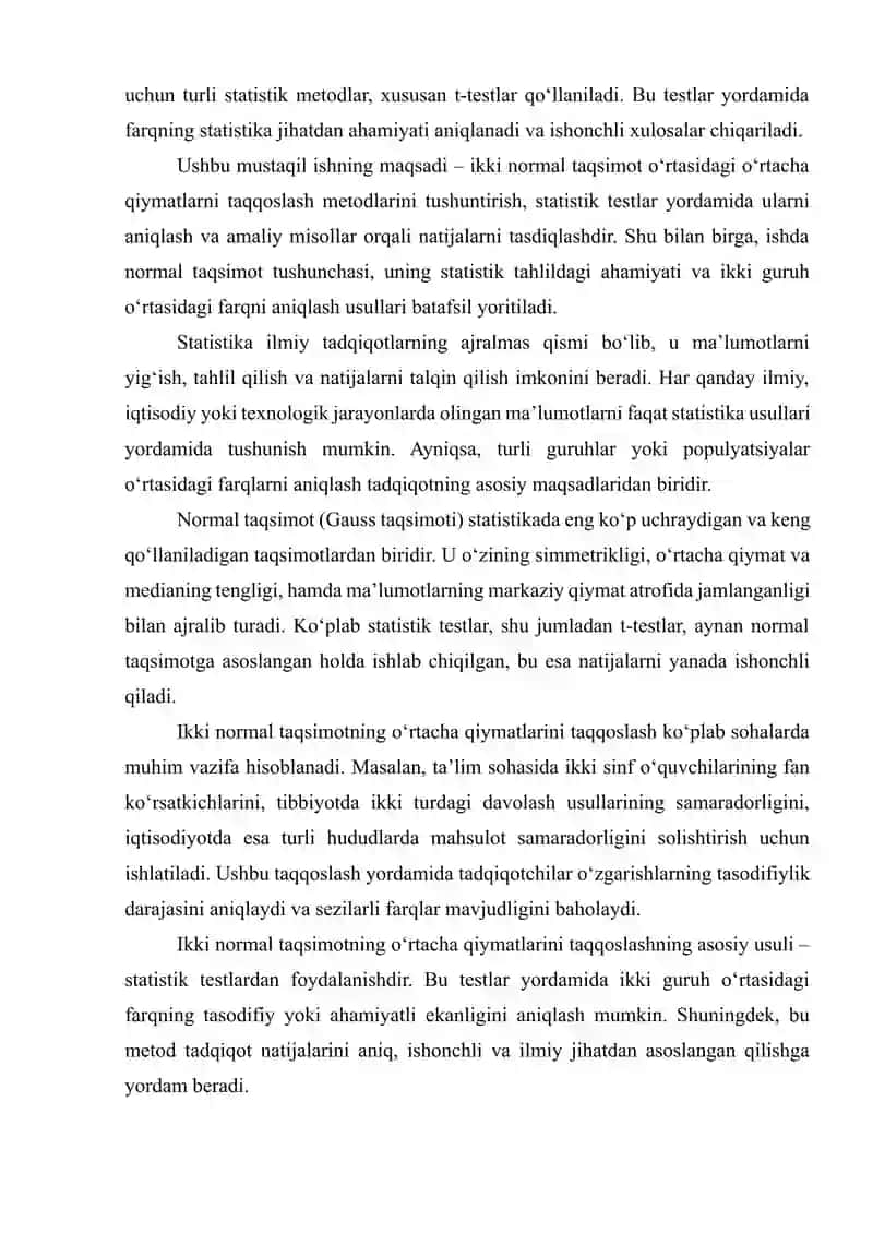 IKKI NORMAL TAQSIMOTNING O‘RTACHA QIYMATLARINI TAQQOSLASH 3