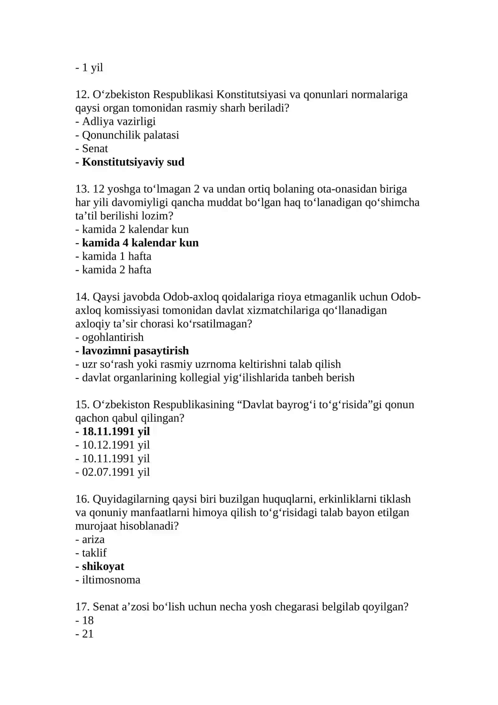 Davlat tili, milliy qonunchilik, axborot -kommunikatsiya va mantiq bo'yicha savol javoblar 3