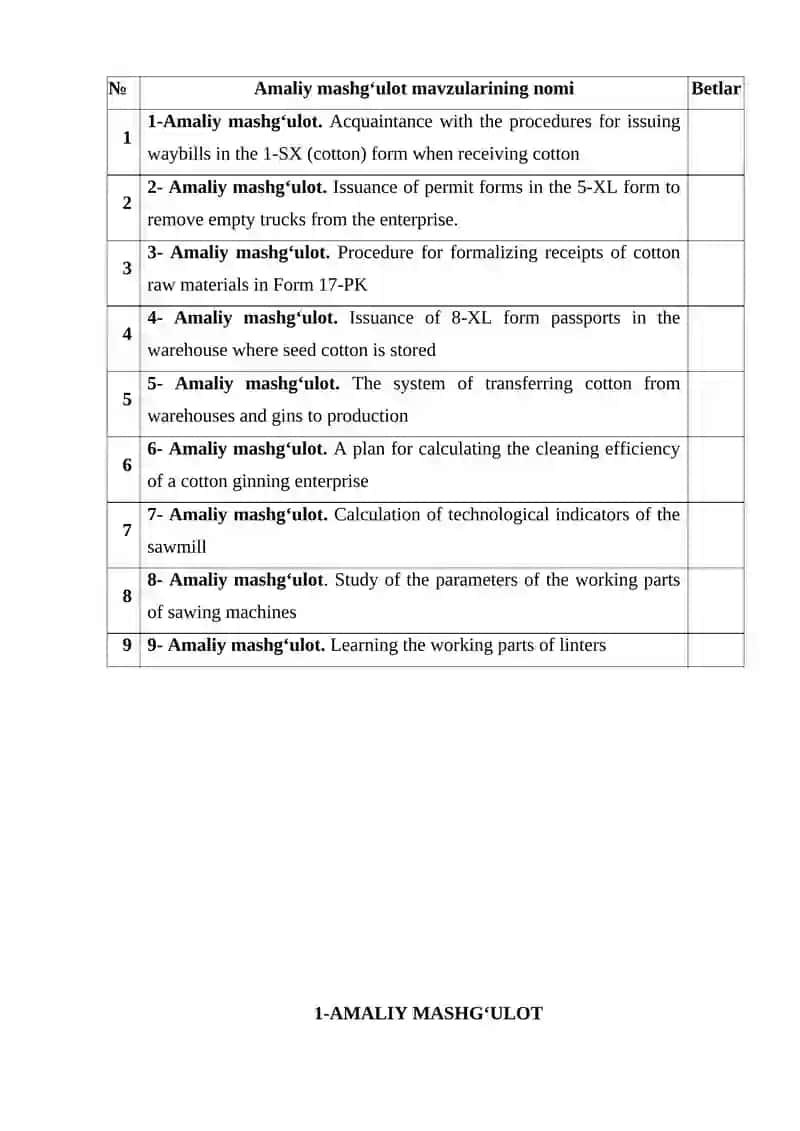 "PRIMARY COTTON PROCESSING TECHNOLOGY AND EQUIPMENT" 3