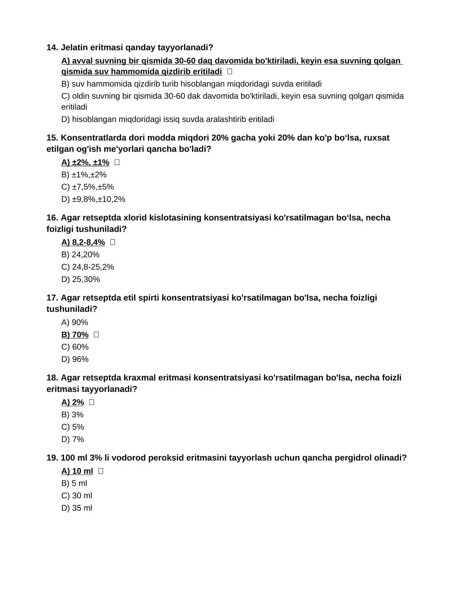 Farmatsiya Mutaxassisligi Bo‘yicha  Imtihoni Test Savollari (1-497) 3
