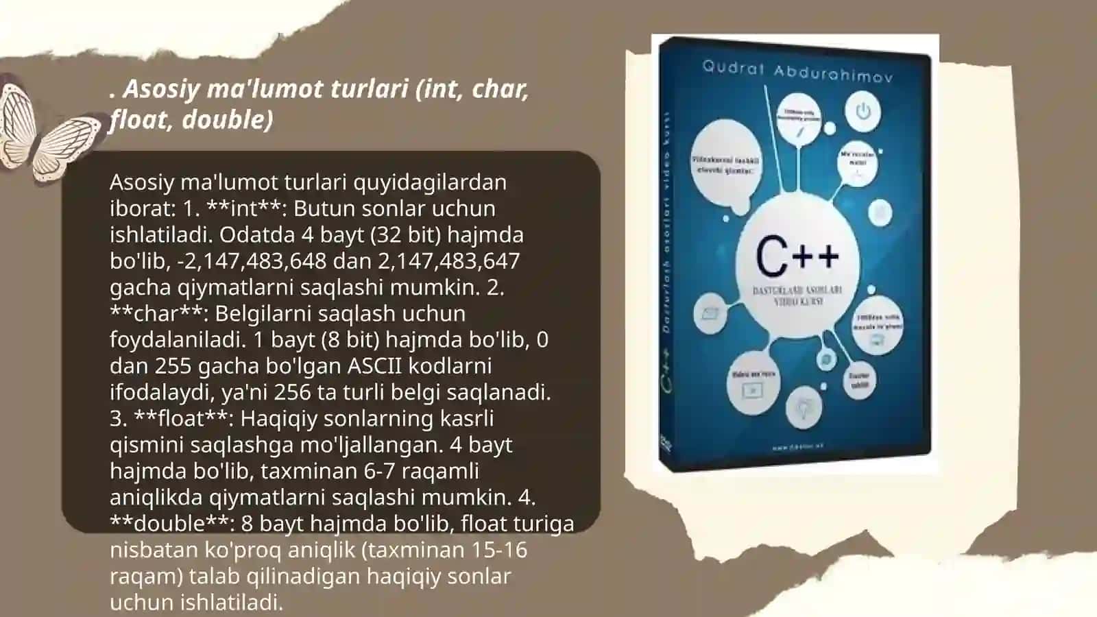 C++ dasturlash tilida maʼlumot turlari,ularni e'lon qilish va tasvirlash tushunchalari 3