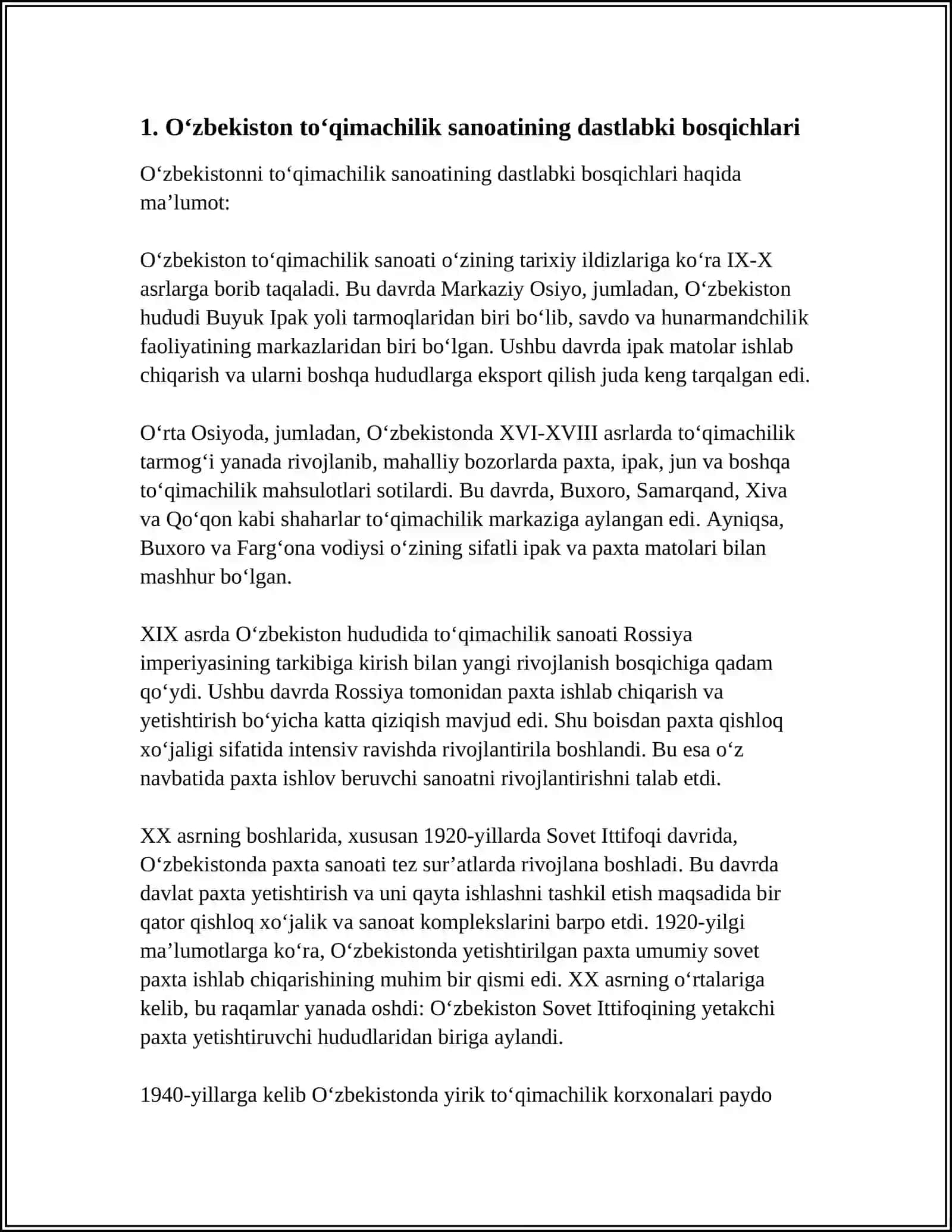 Oʻzbekiston toʻqimachilik sanoati rivojlanish tarixi 3