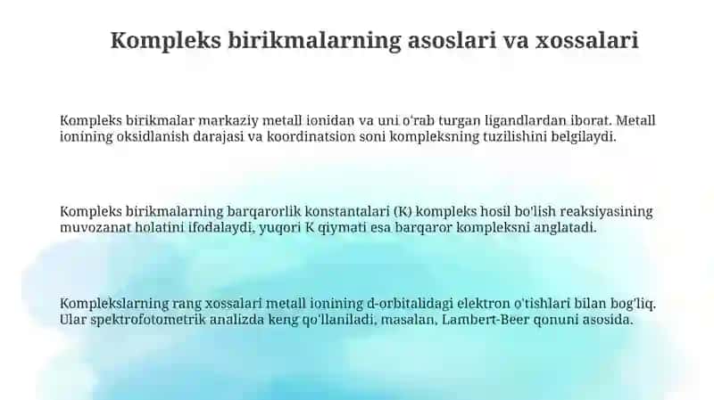 Kompleks birikmalarning kimyoviy analizda qoʻllash 3