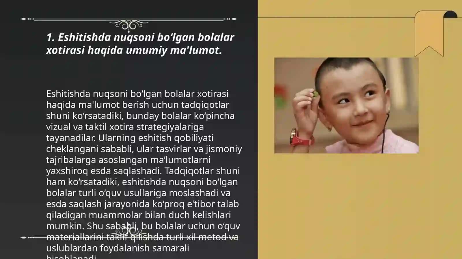Eshitishda nuqsoni boʻlgan bolalar xotira xususiyatlarini tekshirish boʻyicha didaktik materiallar toʻplash 3