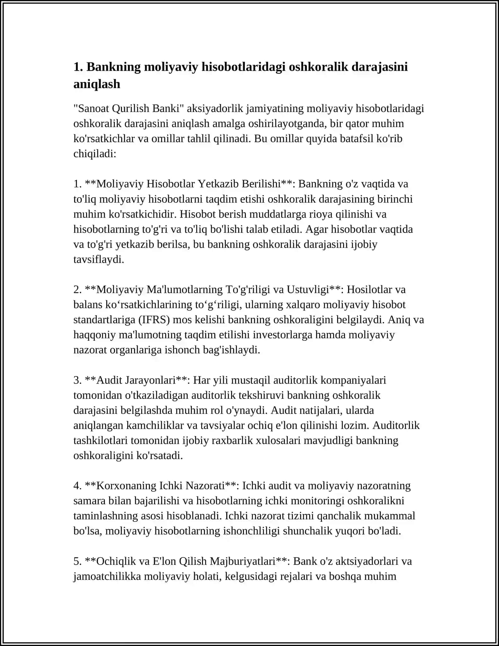 SANOAT QURULSH BANKI AKSIYADORLIK JAMIYATINING TRANSPARENTLIK DARAJASINI ANIQLANG 3
