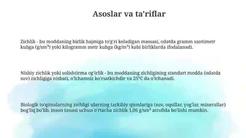 Biologik to'qimalar va qattiq jismlarning zichligini aniqlash 3