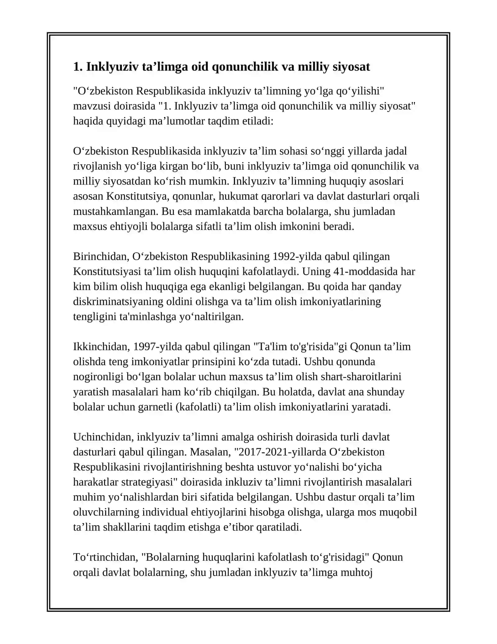 O‘ZBEKISTON RESPUBLIKASIDA INKLYUZIV TA’LIMNING YO‘LGA QO‘YILISH 3