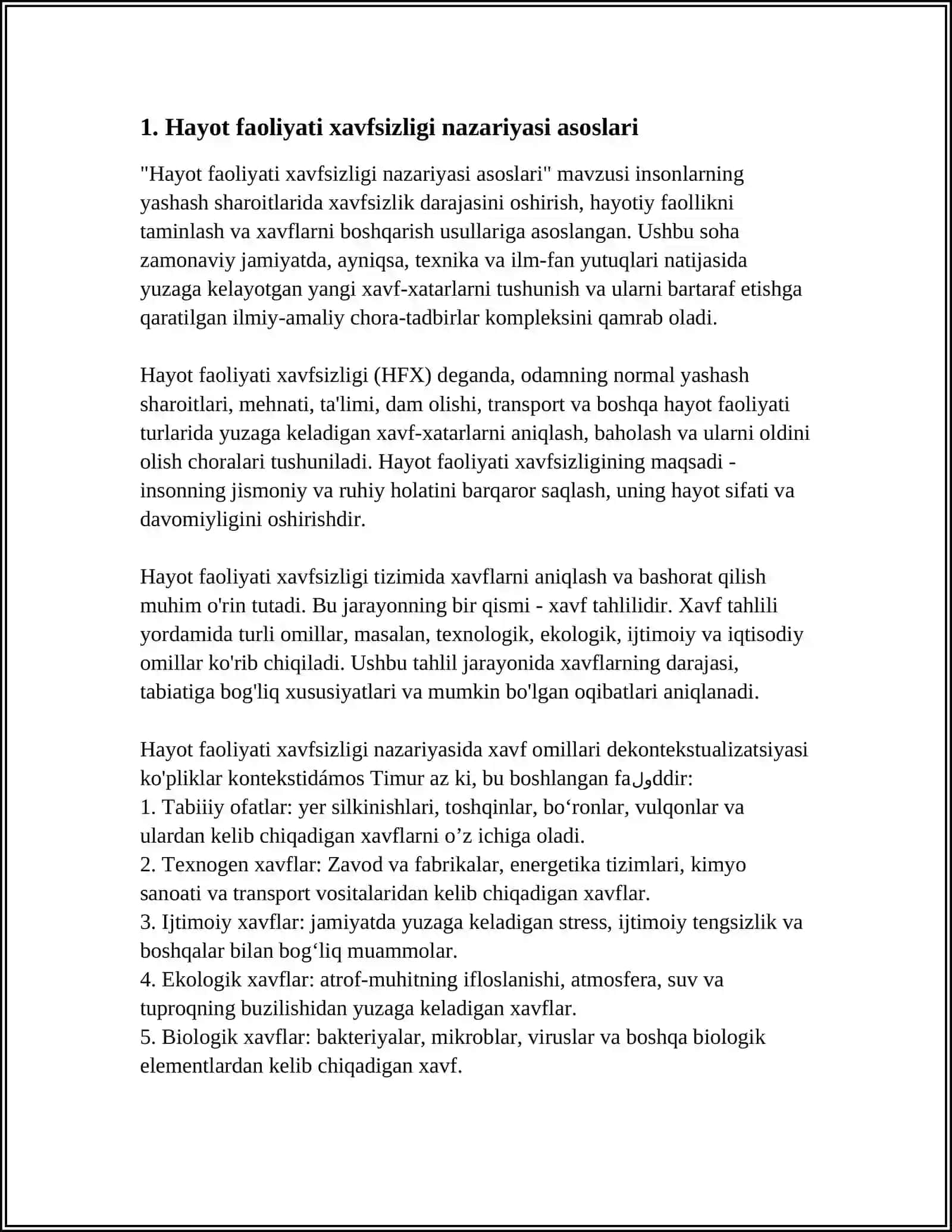 MUSTAQIL ISH Mavzu: HAYOT FAOLIYATI XAVFSIZLIGI NAZARIY ASOSLARI 3