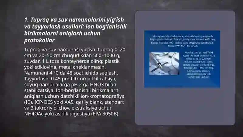 Tuproq va suvning ifloslanishidan ion bog'lanishli birikmalarni aniqlab ulardan tozalash g'oyasi 3