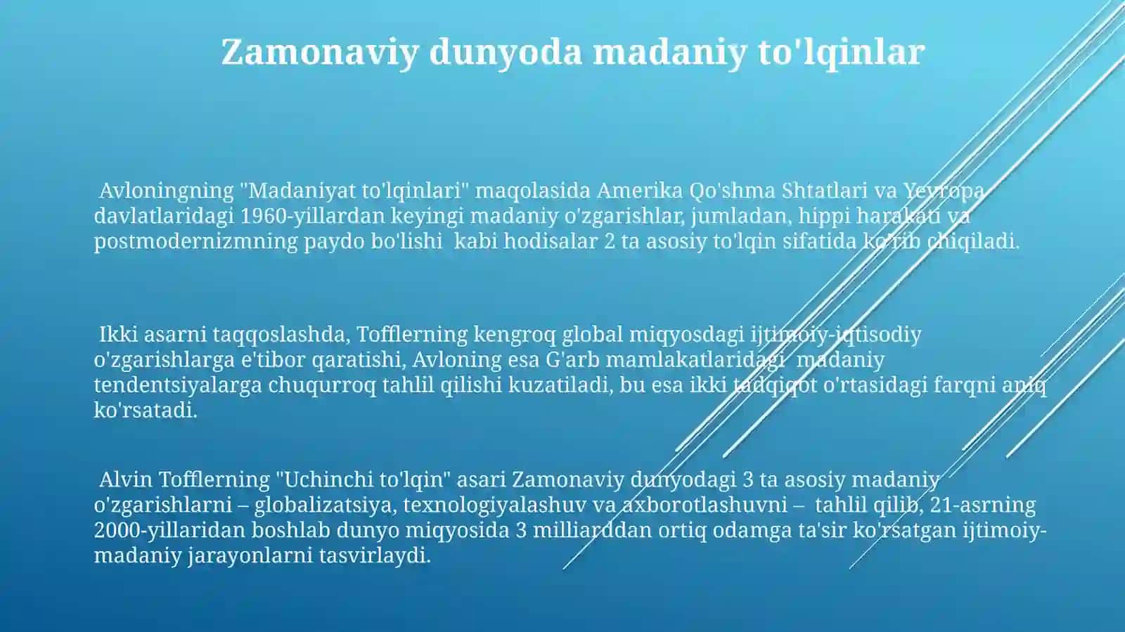 Avlonining "Madaniyattoʻlqinlari"maqolasivaE.Tofflerning"Uchinchitoʻlqin"asarinitahlili 3