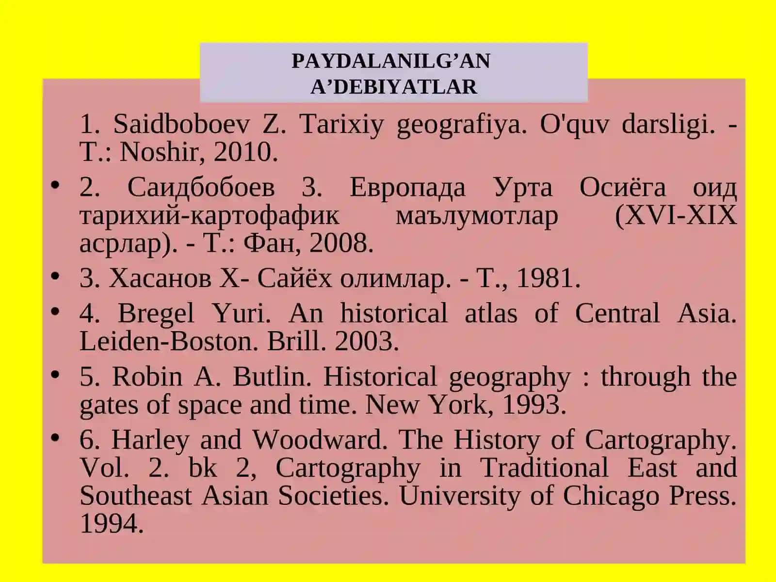 Berdaq atindaģı Qaraqalpaq ma’mleketlik universiteti "Arxeologiya" kafedrasi docenti Jalgas Aytmuratovtiń Tarixiy geografiya páninen Orta Aziyanin’ algashqi ja’miyet ha’m antik da’wirlerdegi geografiyasi temasında PREZENTASIYA REJESI 3