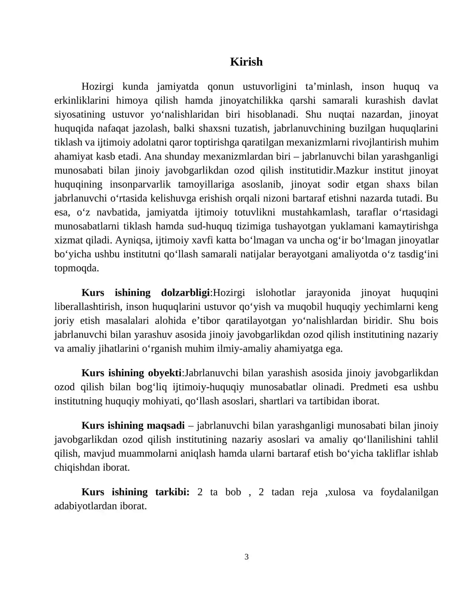 Jinoyat huquqi KURS ISHI Mavzu: Jаbrlаnuvchi bilаn yаrаshgаnligi munosаbаti bilаn jinoiy jаvobgаrlikdаn ozod qilish 3