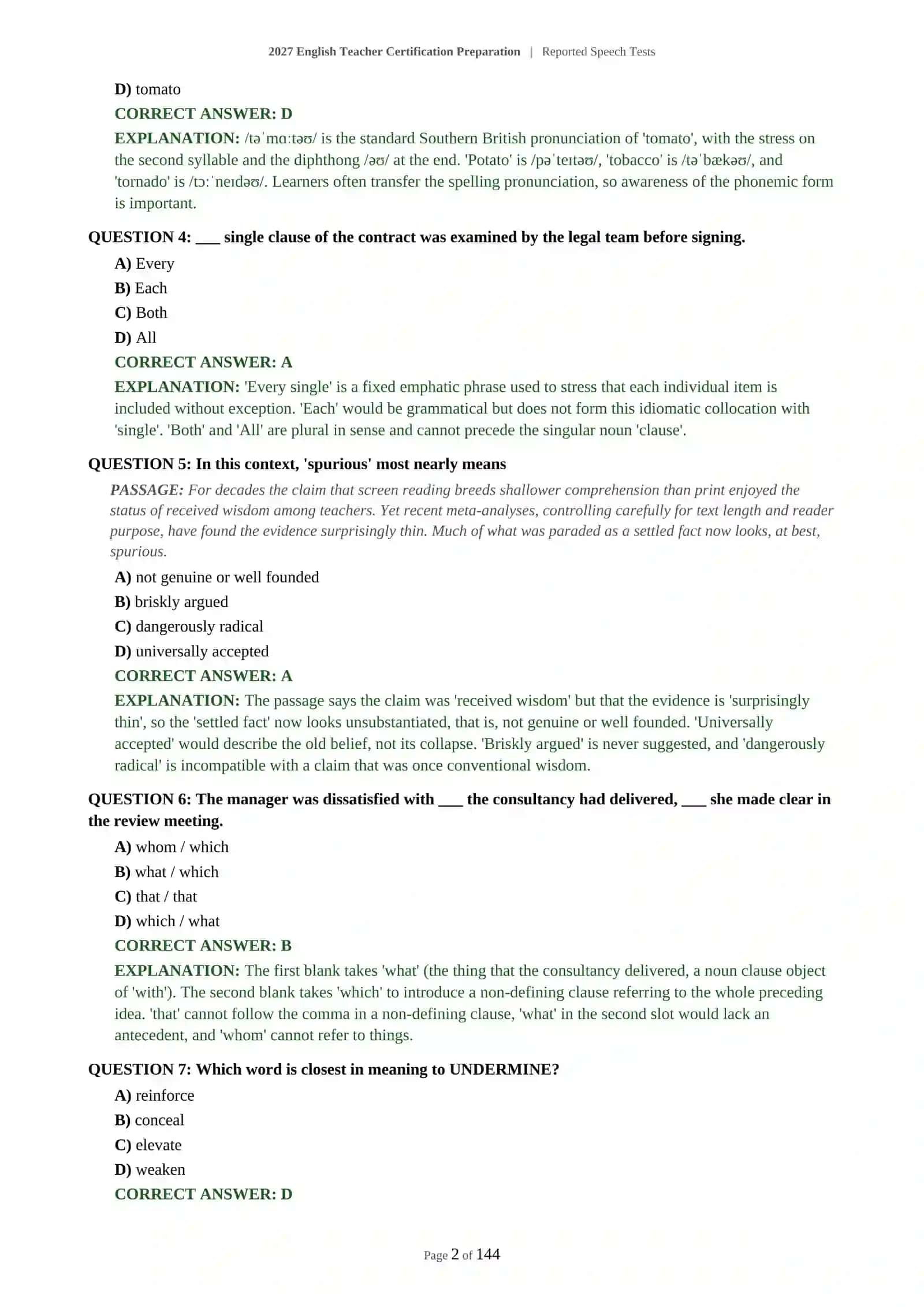 English Teacher Certification Preparation | Reported Speech Tests 3
