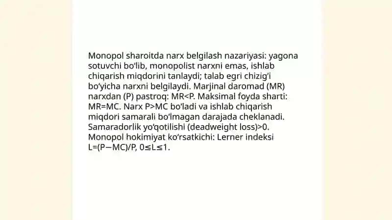 Monopol sharoitda narx belgilash va manopol hokimiyat koʻrsatkichi 3