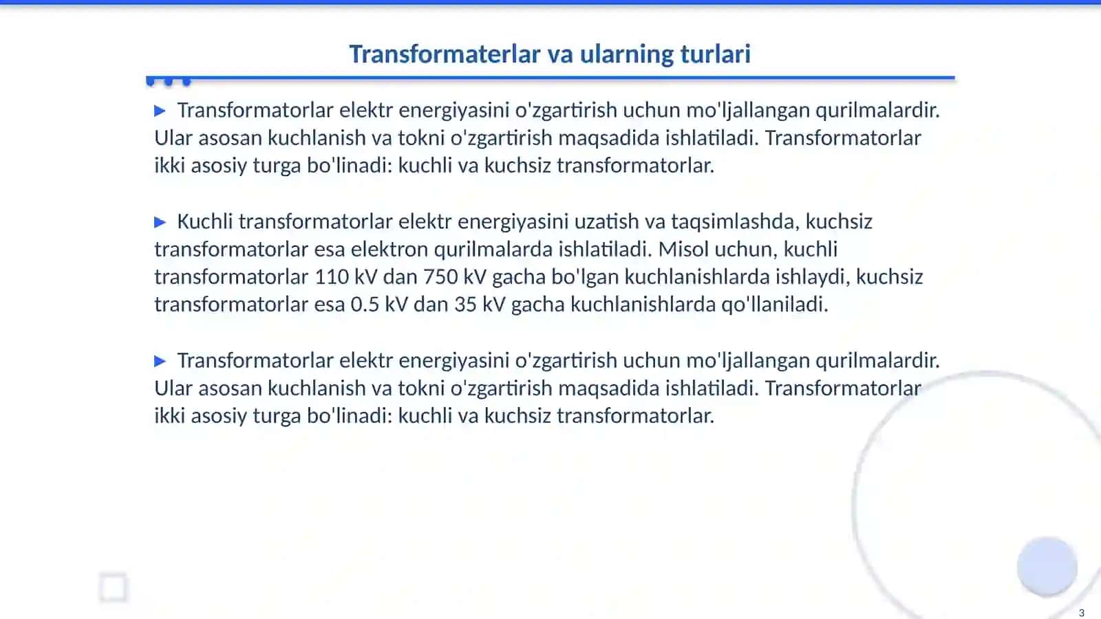 Transformaterlar. Transformaterlar qurilmasi, ishlash prinsipi asosiy xarakteristikasi 3