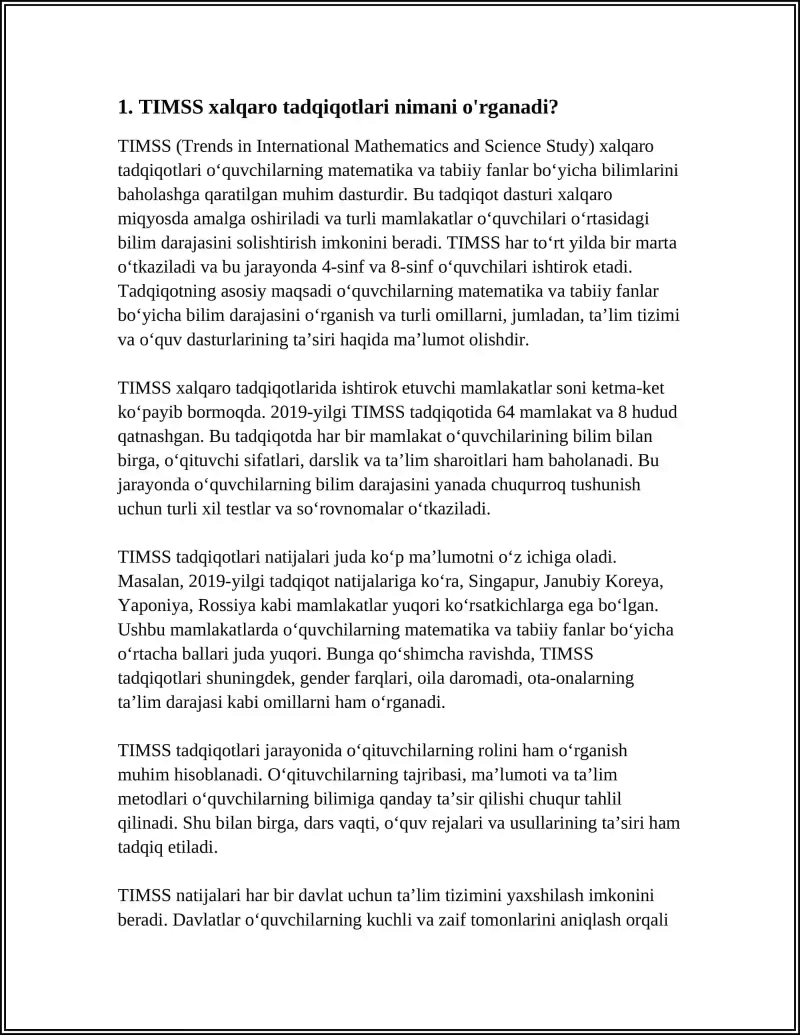 TA'LIM SIFATINI BAHOLASH BO'YICHA O'TKAZILGAN TIMSS XALQARO TADQIQOTLARI 3