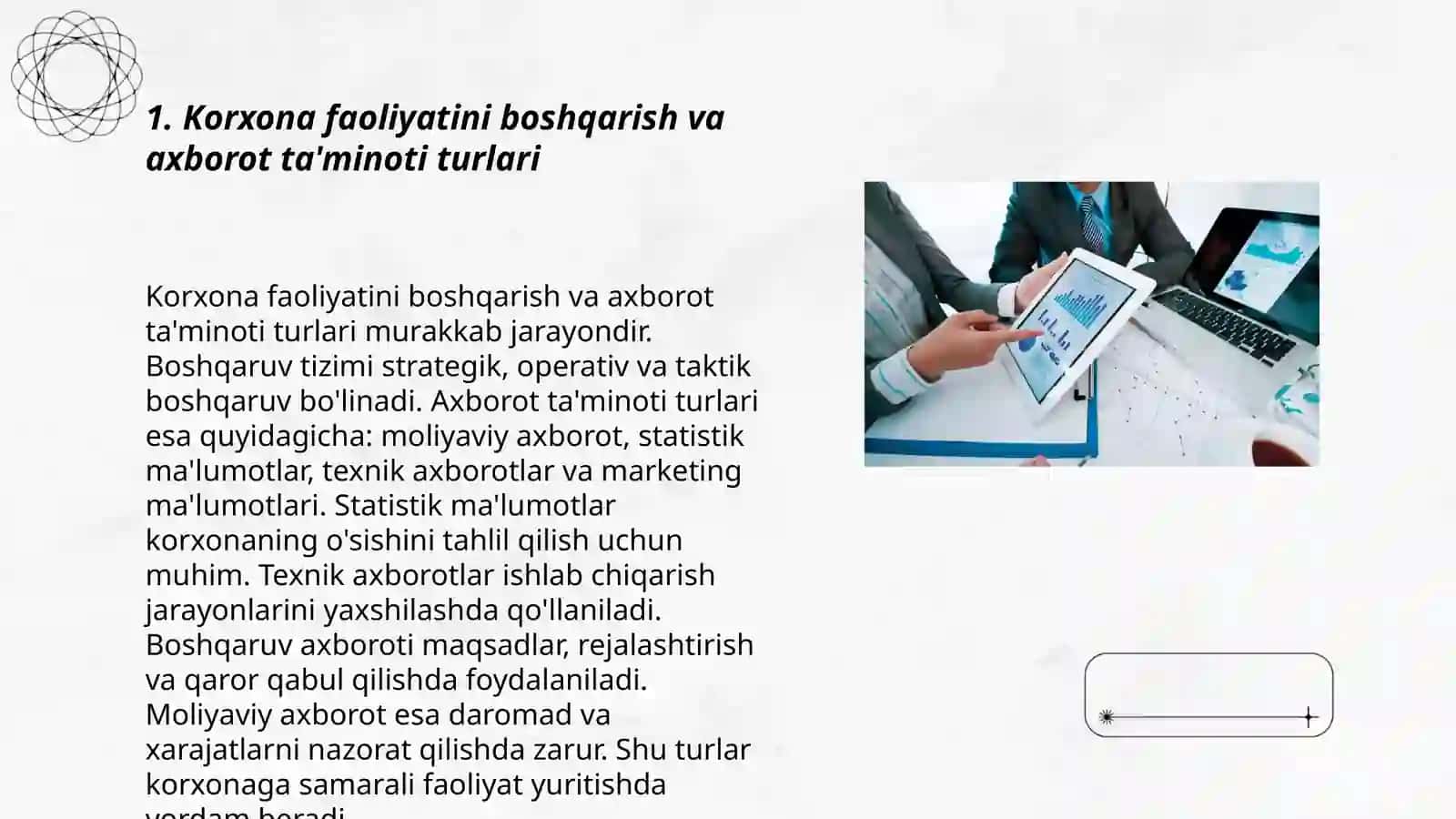Korxona faoliyatini boshqarishni axborotlar bilan ta'minlashning o'ziga xos xususiyatlari 3
