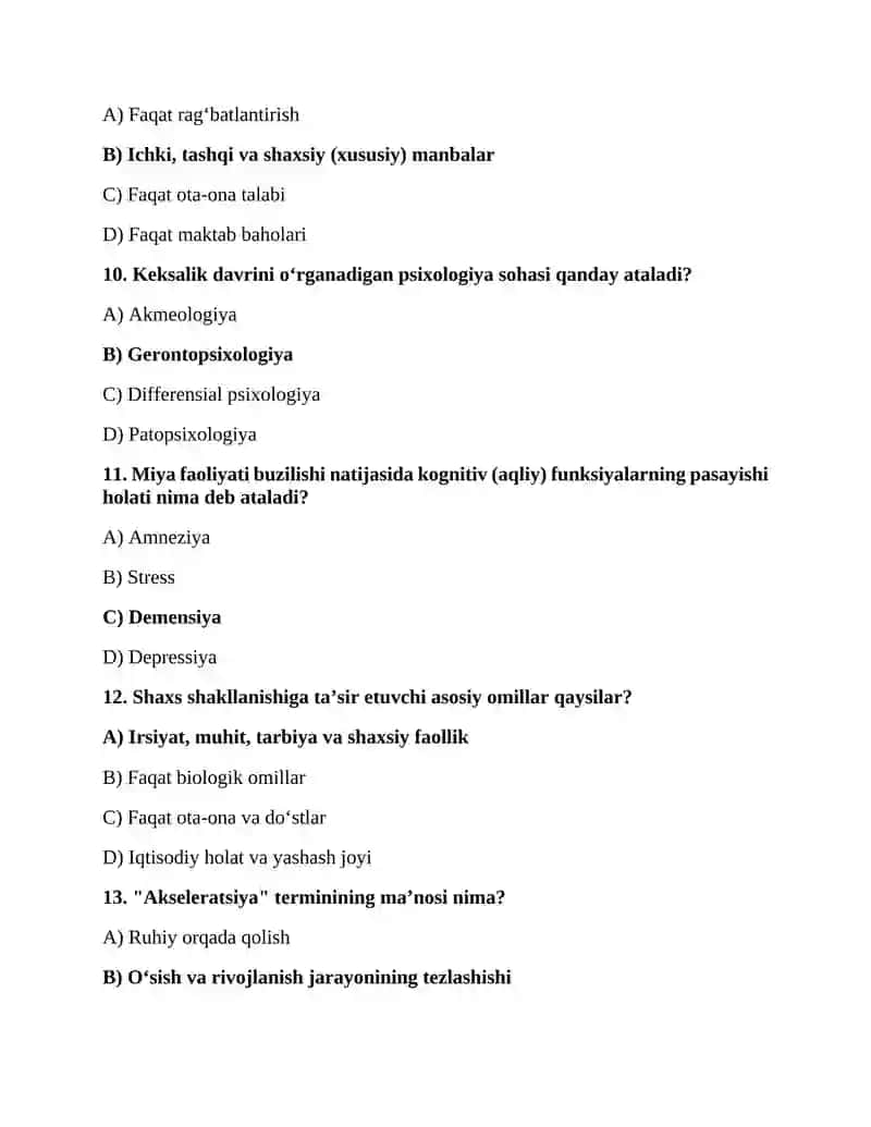 Pedagogik Psixologiya va Yosh Davrlari Psixologiyasi: Test Savollari 3