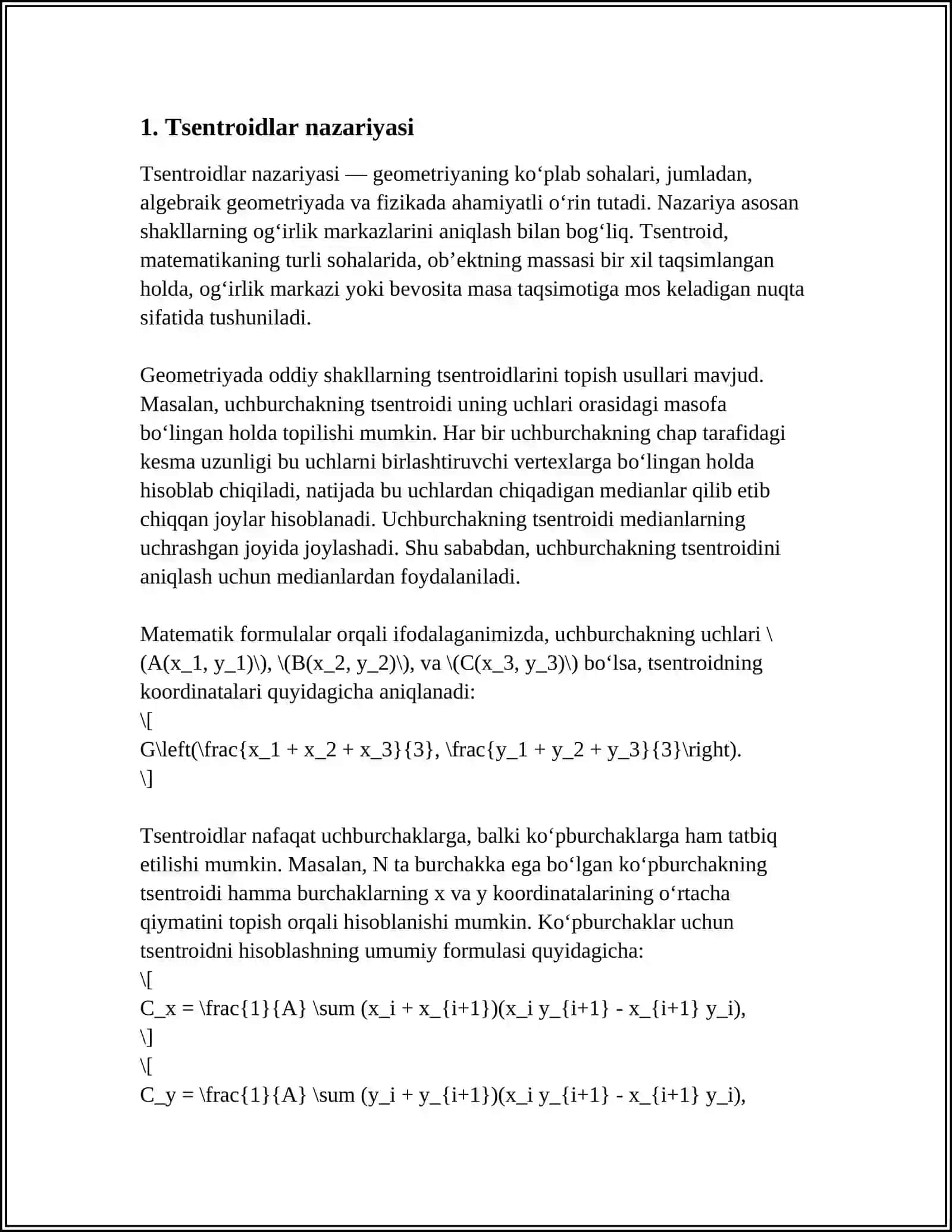 Tsentroidlar. Tsentroidlarning geometrik talqin 3
