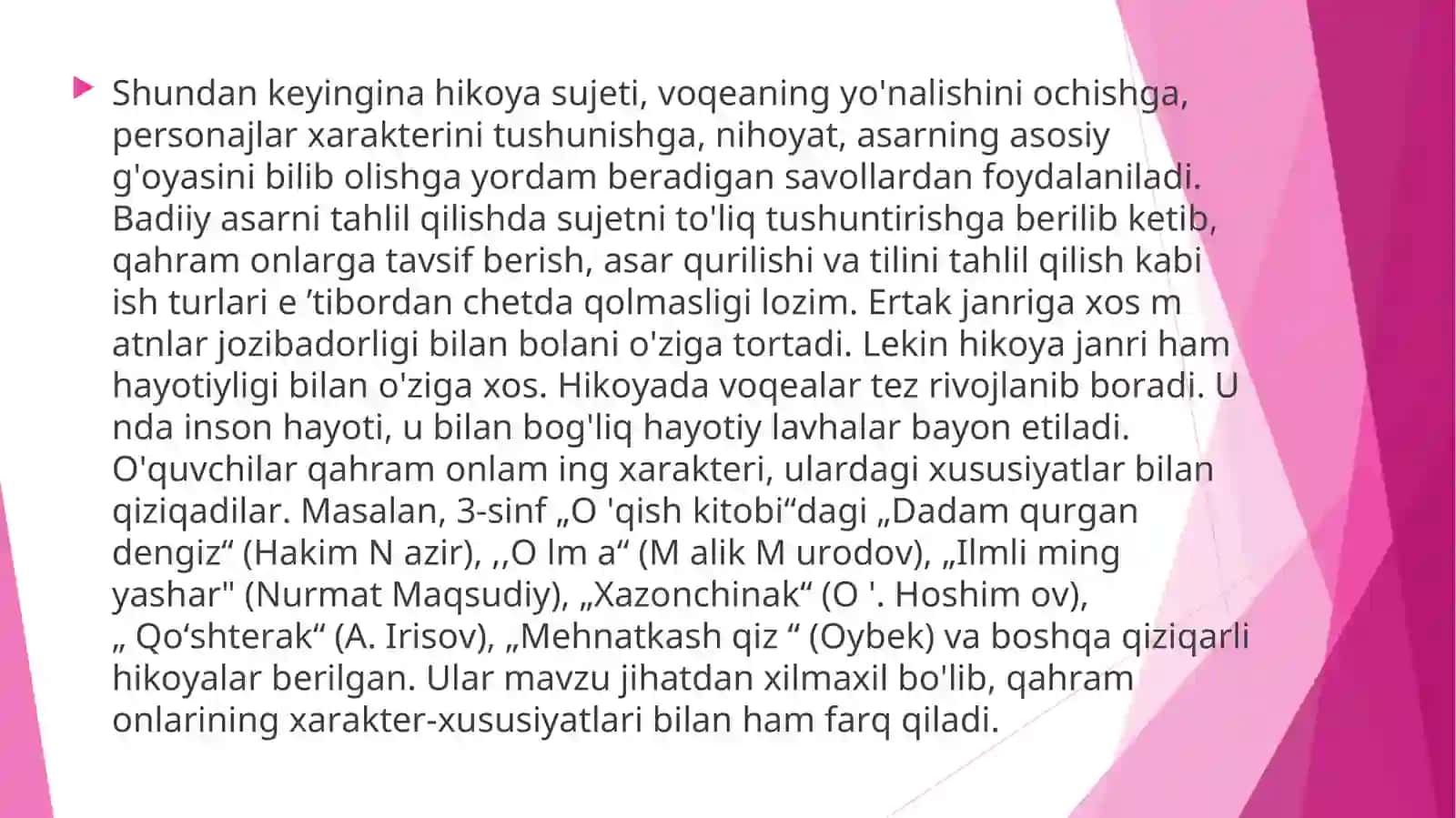 HIKOYA JANRIDAGI ASARNI O‘QITISH MЕTODIKASI. SHЕ’RIY NUTQNING XUSUSIYATLARI. MASAL JANRIDAGI ASARLARNI O‘QITISH MЕTODIKASI 3