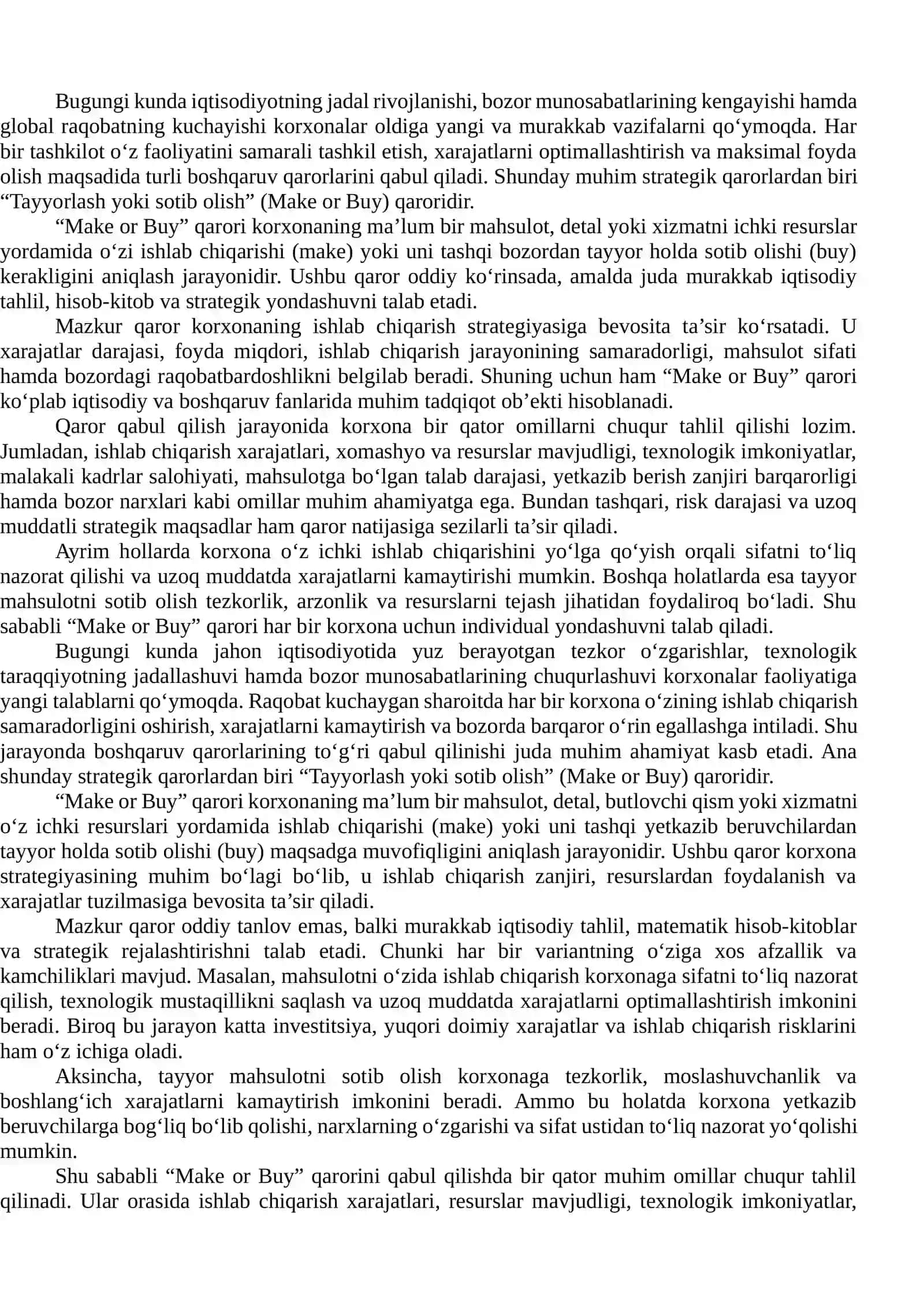 Tayyorlash yoki sotib olish” qarorini tahlil qilish 3