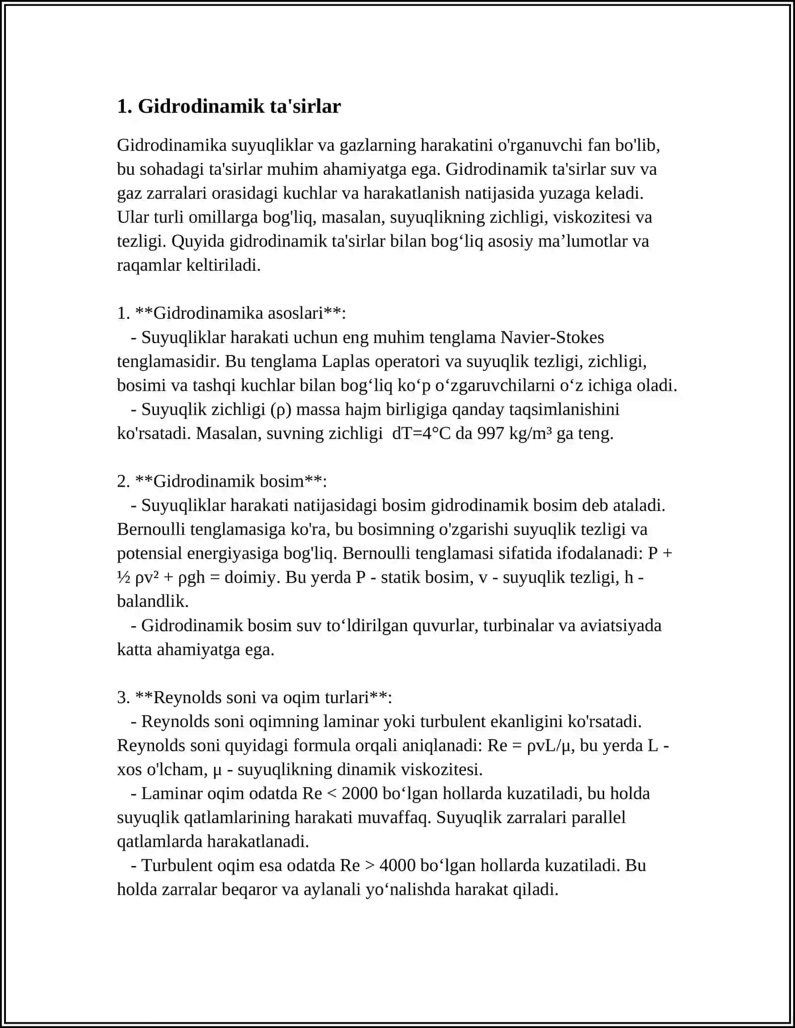 MUSTAQIL ISH Mavzu: GIDRODINAMIK UZATMALAR 3