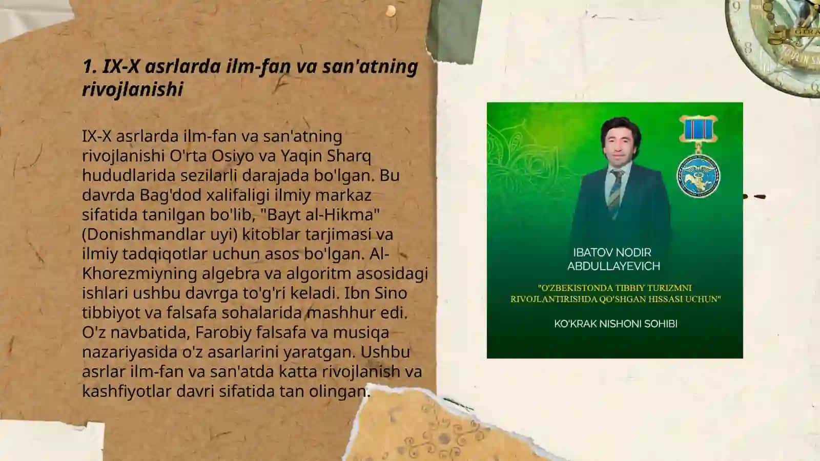 IX-XII asrlarida mamlakatimiz hududida roy bergan madaniy uygonish Buyuk allomalarnig jahon sivilizatsiyasiga qoshgan hissasi Toychiyev Orzumurod 3