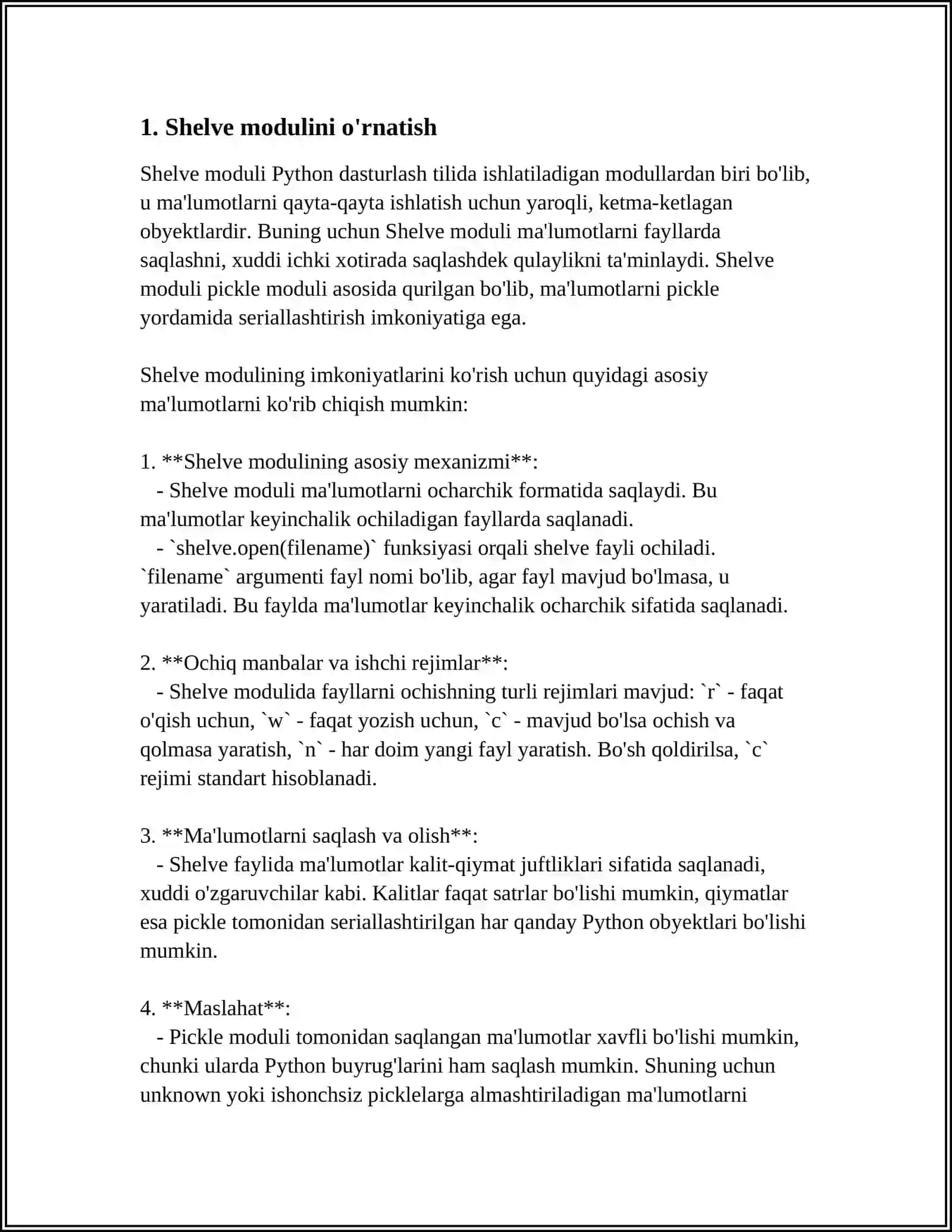 PYTHON DASTURLASH TILIDA SHELVE MODULI HAQIDA 3