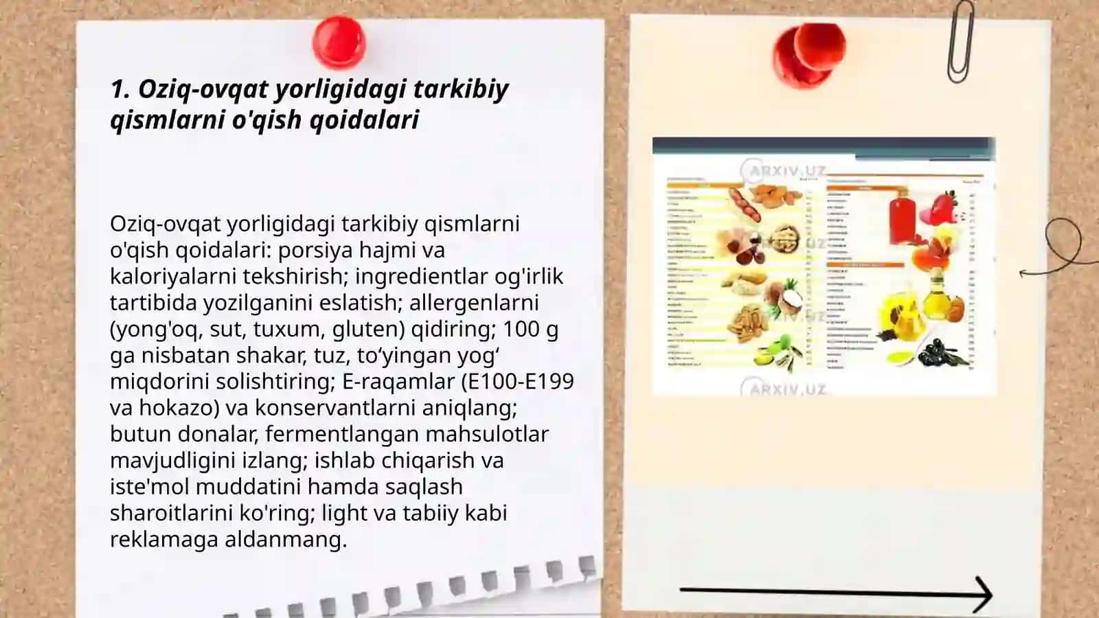 O'zi-ovqat mahsulotlarining tarkibi foydali va zararli xususiyatlarni ularning yorliqlarni orqali o'rganish 3