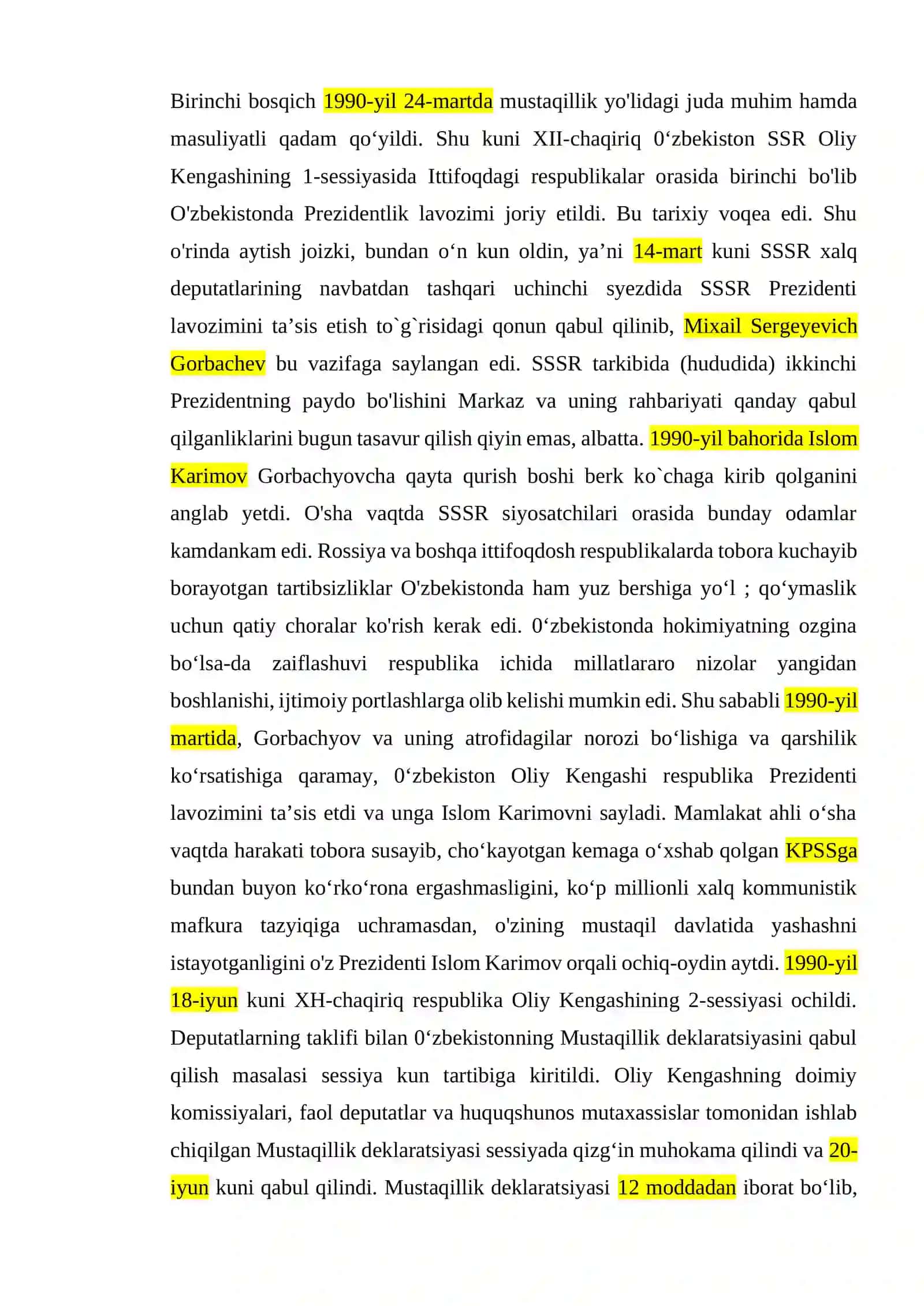 O'ZBEKISTON RESPUBLIKASI DAVLAT MIJSTAQILLIGINING E’LON QILINISHI VA UNING TARIXIY AHAMIYATI 3