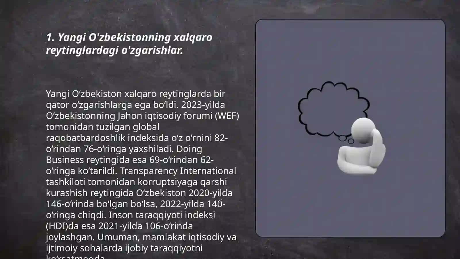 Yangi O'zbekistonning xalqaro reytinglardagi o'zgarishlar 3
