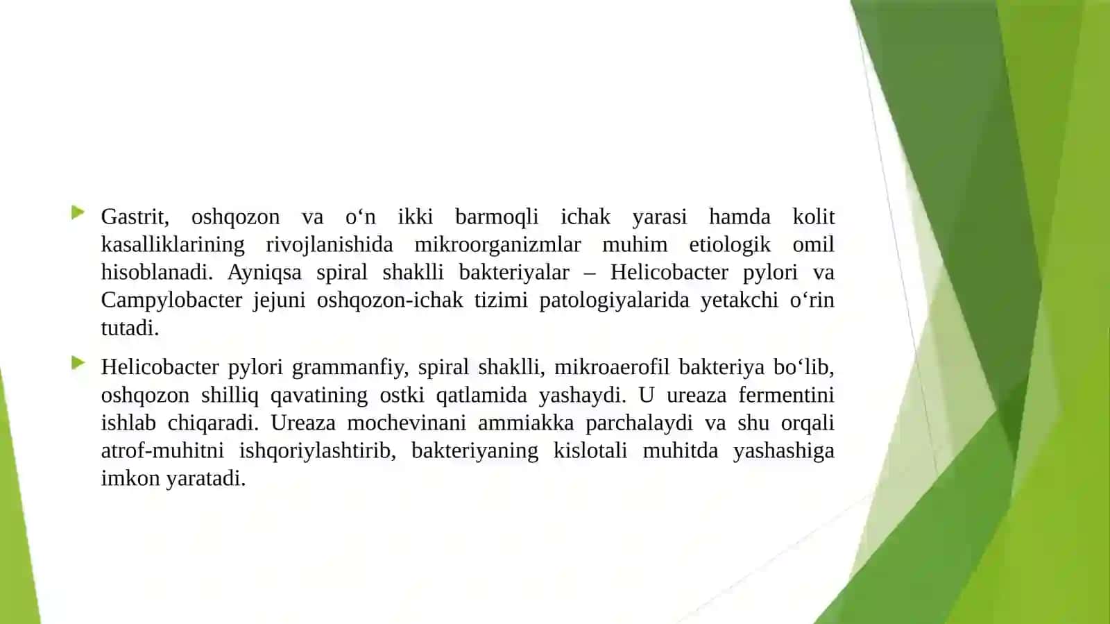 GASTRIT OSHQOZON-ICHAK YARASI VA KOLIT KELIB CHIQISHIDA MIKROORGANIZMLARNING AHAMIYATI, PATOGENEZI, LABORATORIYA TASHHISI. KAMPILOBAKTERIYALAR, HELIKOBAKTERIYALAR VA ULARNING AMALIYOTIDAGI AHAMIYATI. 3