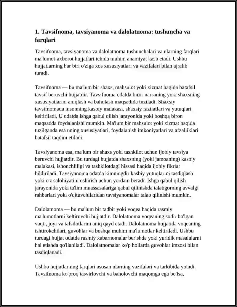 MA'LUMOT-AXBOROT HUJJATLARIGA OID HUJJAT NAMU (TAVSIFNOMA, TAVSIYANOMA, DALOLATNOMA) 3