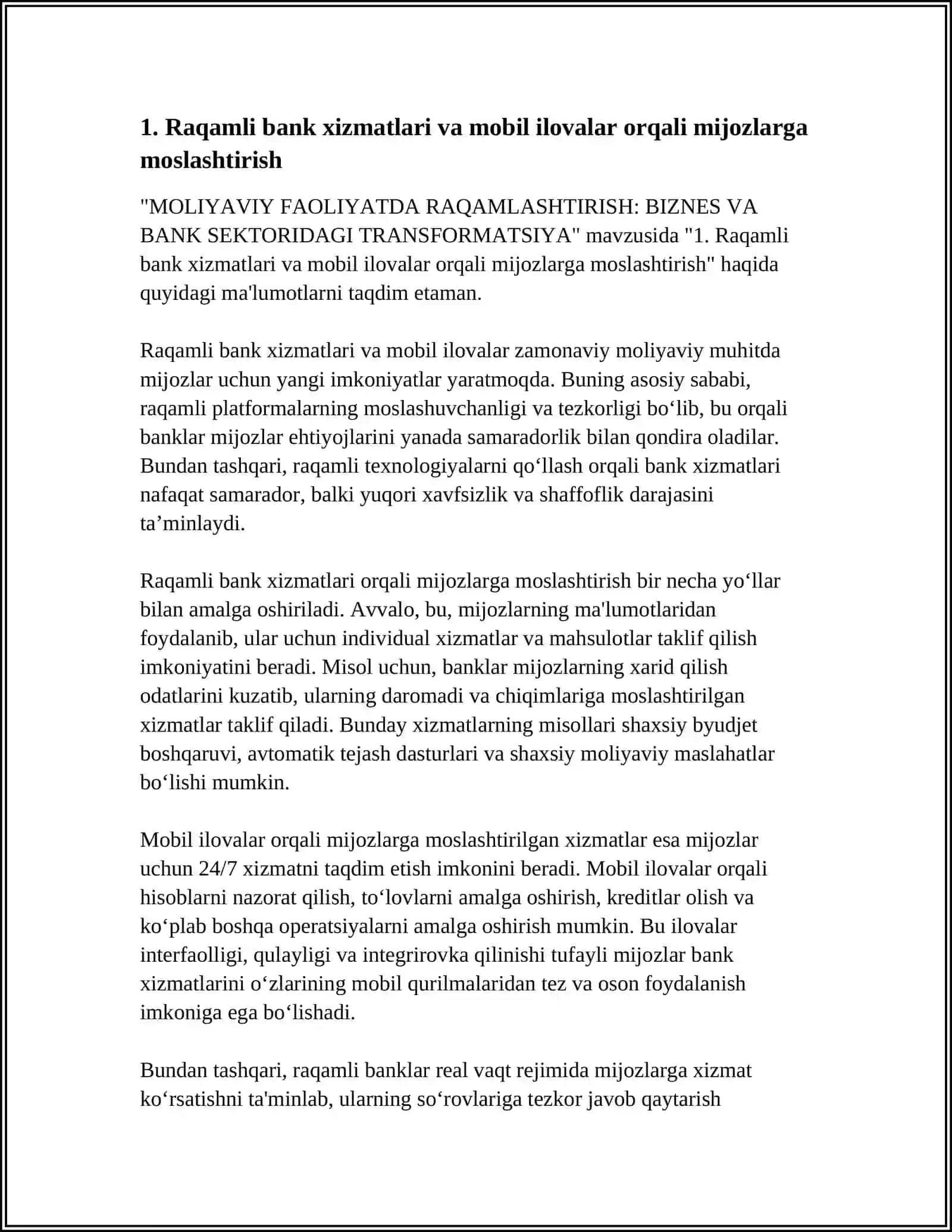 Raqamli bank xizmatlari va mobil ilovalar orqali mijozlarga moslashtirish 3
