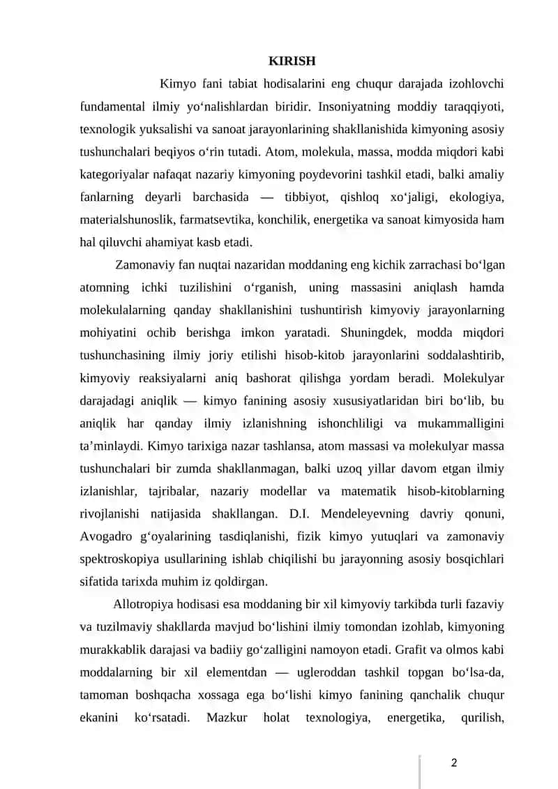 KIMYONING ASOSIY TUSHUNCHALARI. ATOM MASSA. MOLEKULYAR MASSA. MODDA MIQDORI VA ALLOTROPIYA. 3