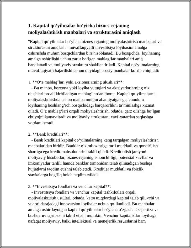 Kapital qo‘yilmalar bo‘yicha biznes-rejaning moliyalashtirish manbalari va strukturasini aniqlash 3