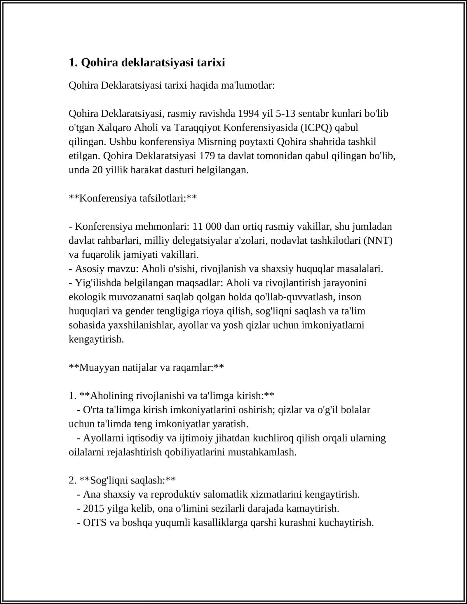 QOHIRA DEKLARATSIYASI TARIXI VA MAZMUNI BORASIDA TAHLILIY MAQOLA TAYYORLASH 3