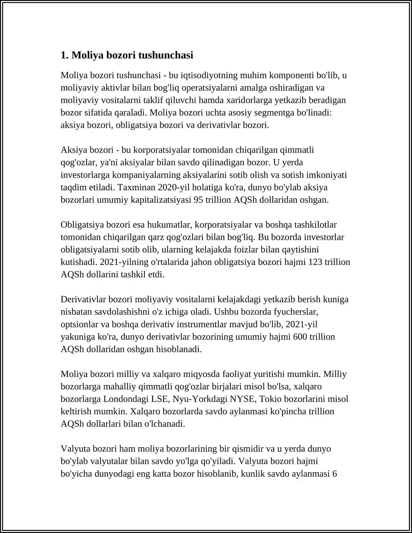 Moliya bozorining mohiyati, zarurligi, asosiy vazifalari va turlari 3