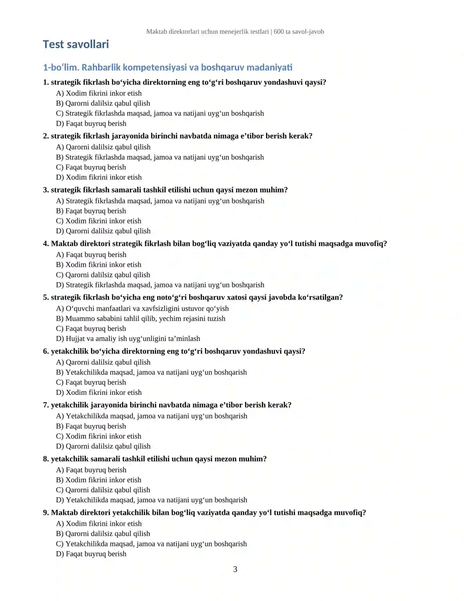Maktab direktorlari uchun menejerlik testlari | 600 ta savol-javob 3