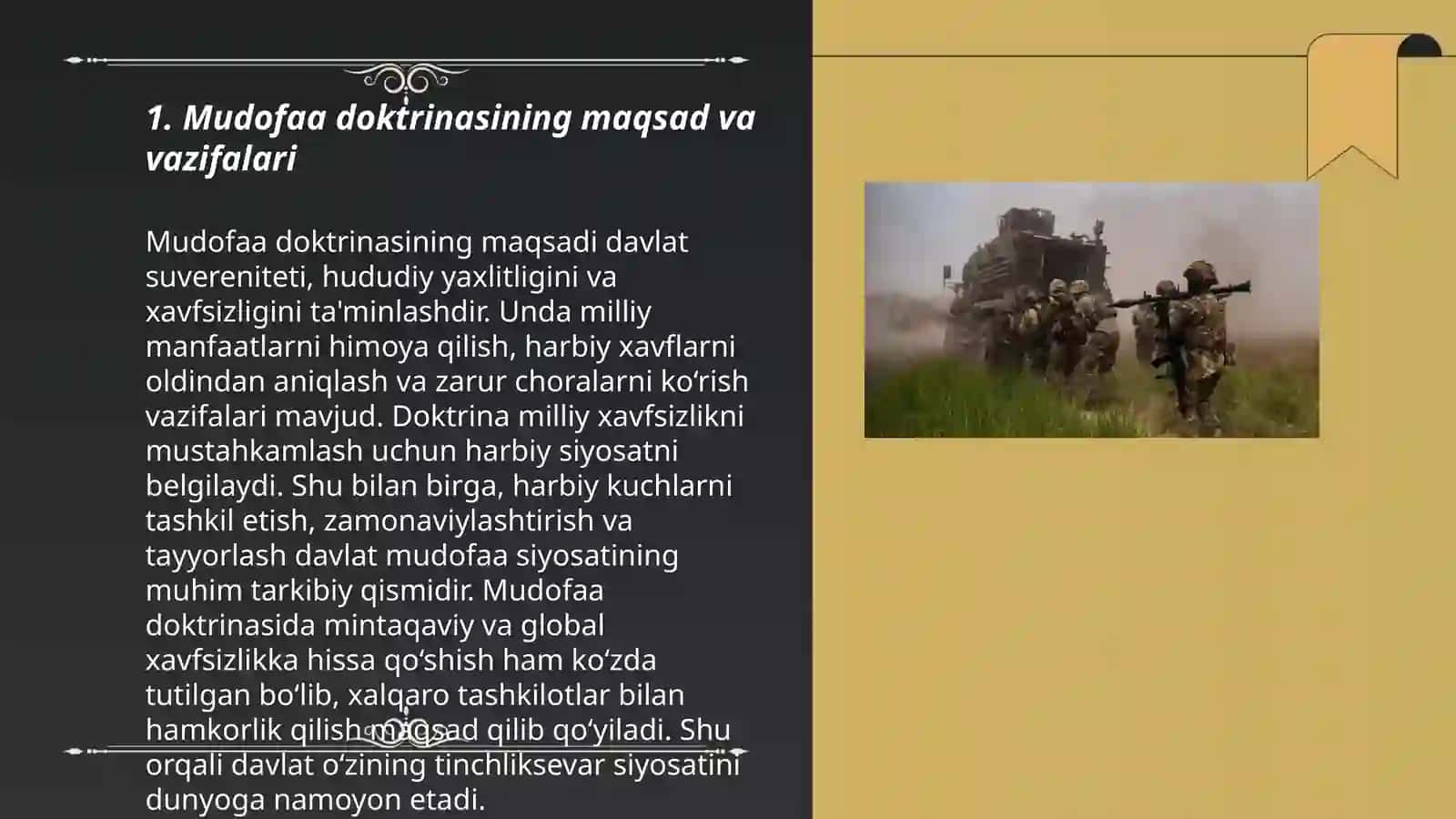 Urush holati va hududiy mudofaa xalqaro hamkorlik O'zbekiston Respublikasi mudofaa doktorinasi mudofaa doktorinasining umumiy qoidalari va harbiy siyosiy jihatlari 3