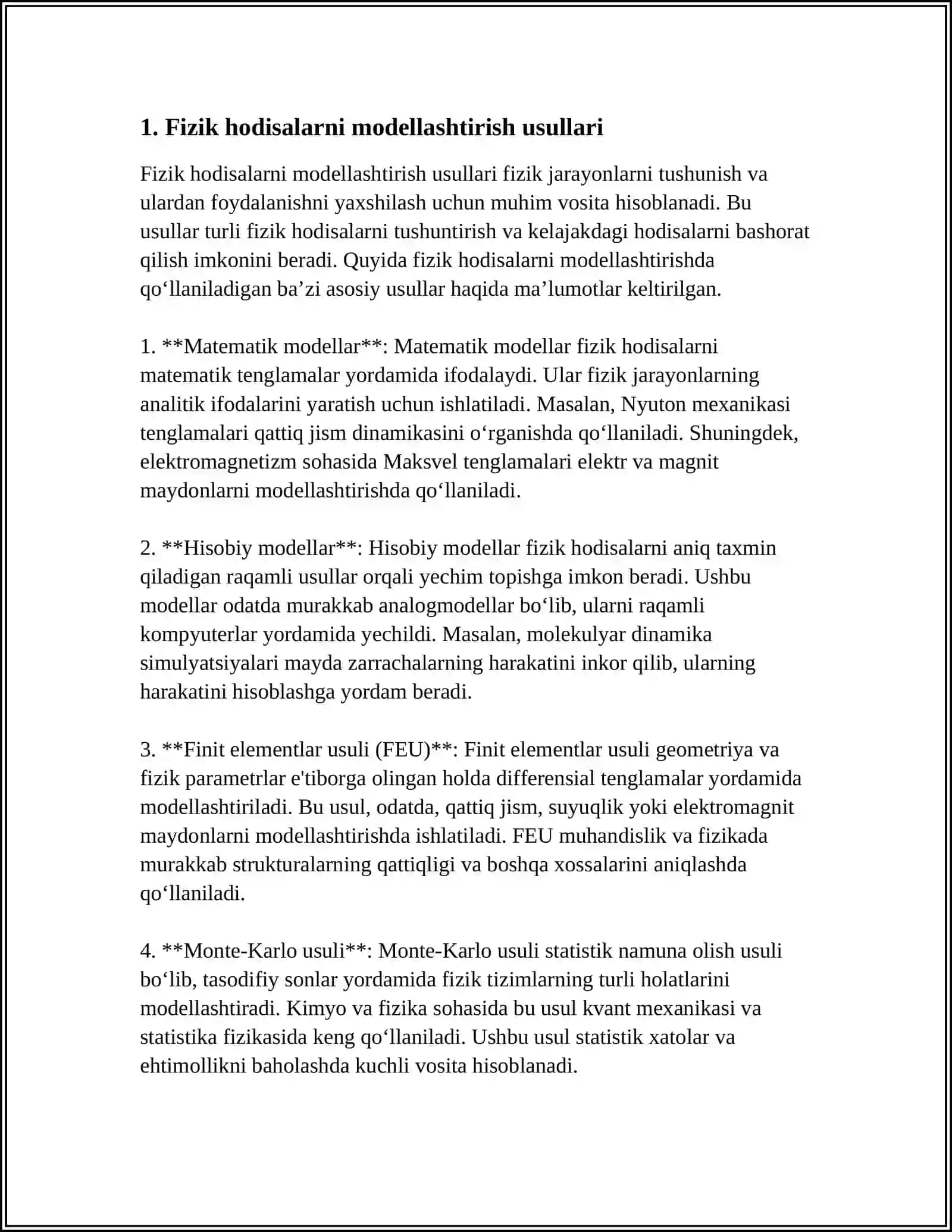 FIZIK VA MATEMATIK MODELLASHTIRISH,OLINGAN NATIJALAR ASOSIDA PROGNOZ QILISH 3