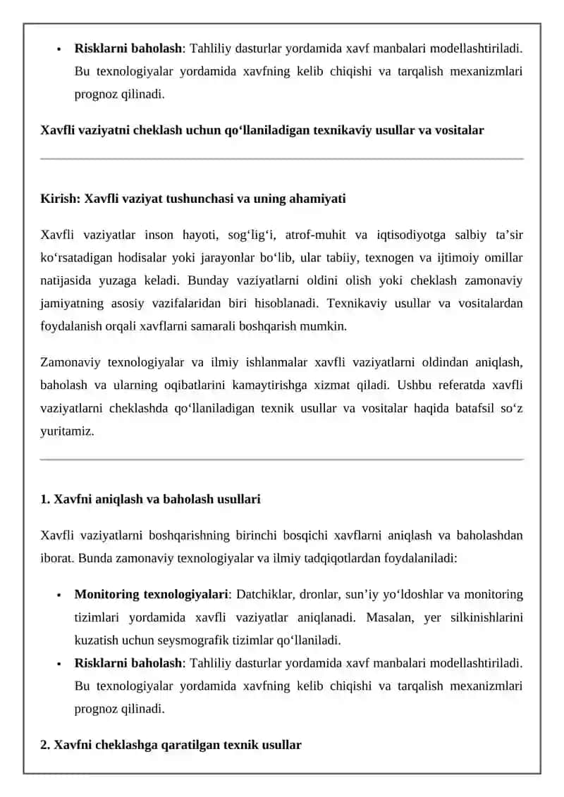 Xavfli vaziyatni cheklash uchun qo'llaniladigan texnikaviy usullar va vositalar 3
