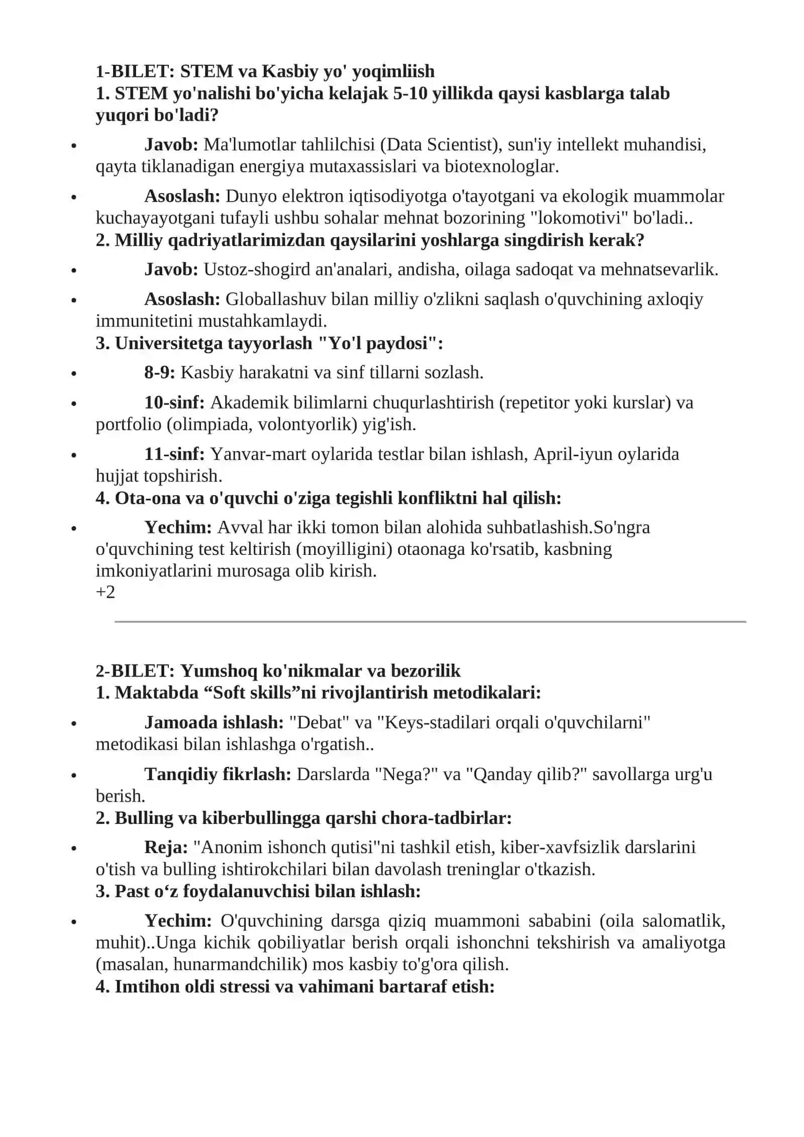 Maktab maslaxatchisi suxbat savollari 200 ta bilet. Jami 1000 ta savol javoblari bilan 3