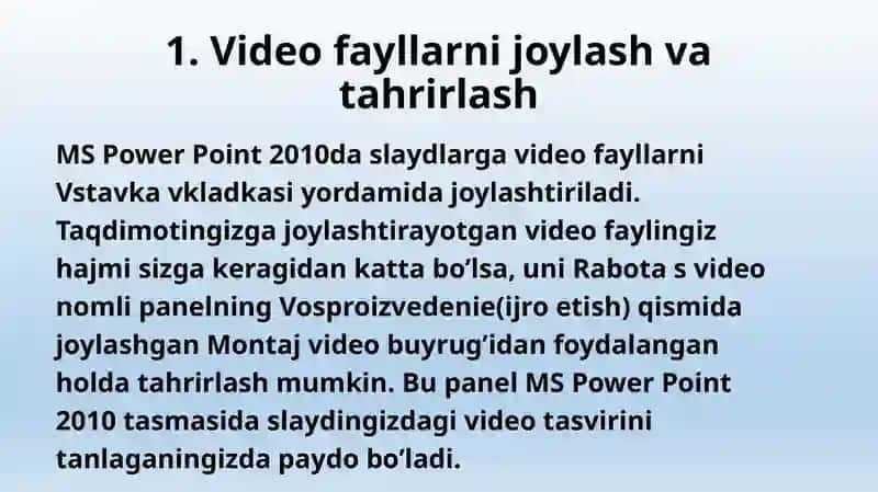 MS Power Point 2010da video fayllarni joylash va tahrirlash 3