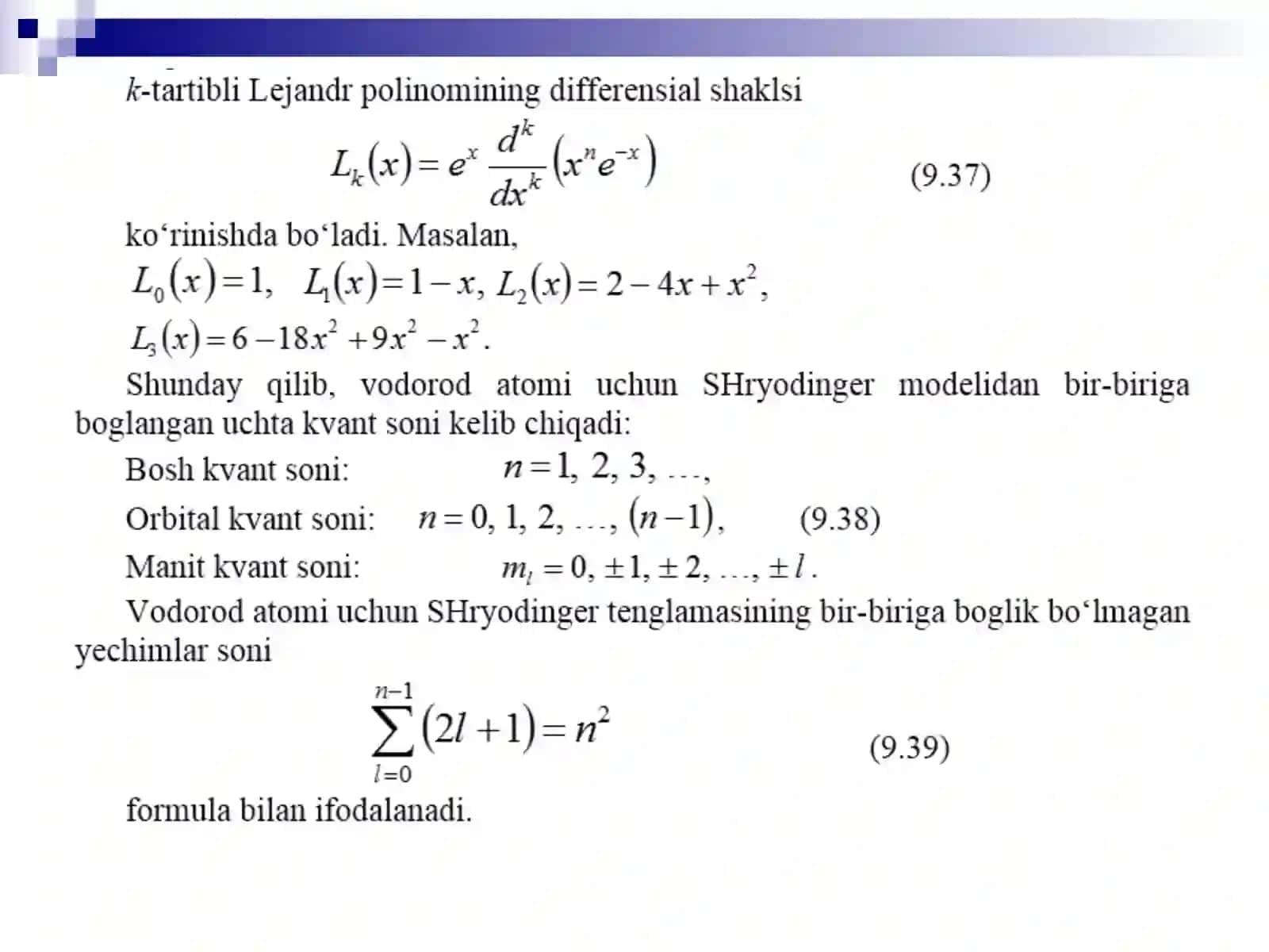 RADIAL TENGLAMA. ENERGIYA SATHLARI. KVANT SONLARI. VODOROD ATOMI 3