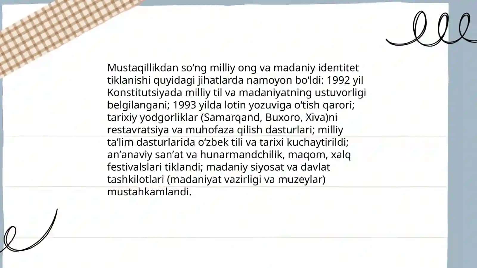 Mustaqillik yillarida Oʻzbekistondagi madaniy va maʼnaviy taraqqiyot 3