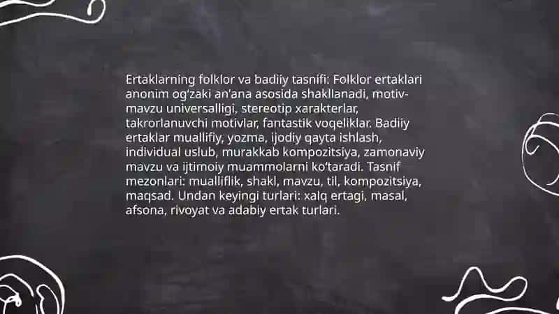 Ertaklarning tasnifi va ularning turlari adabiy ertaklari va xos xususiyatlari 3